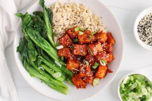 Roasted Gochujang Tofu & Mushrooms with Sesame Spinach